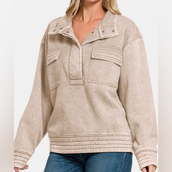NWT Zenana Cream Acid Washed Half Snap Fleece Collared Sweatshirt - Picture 1 of 3
